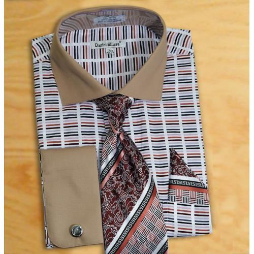 Daniel Ellissa Beige / Multicolor Shirt / Tie / Hanky Set With Free Cufflinks DS3783P2