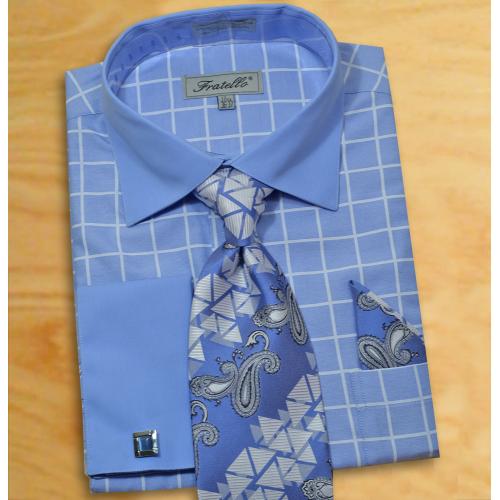 Fratello Sky Blue / White Windowpanes Shirt / Tie / Hanky Set With Free Cufflinks FRV4132P2