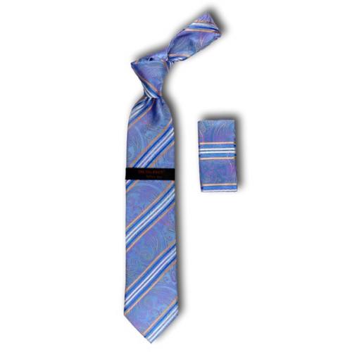 Steven Land "Big Knot" BW2659 Blue / Sky Blue / Apricot / White Diagonal Paisley Design 100% Woven Silk Necktie / Hanky Set