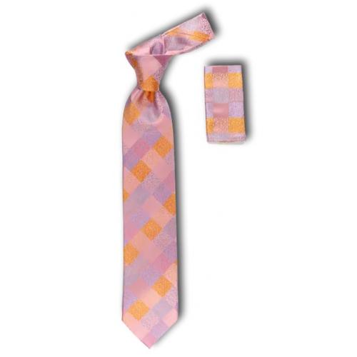 Steven Land "Big Knot" BW610 Pink / Apricot / Silver Diamond Check Design 100% Woven Silk Necktie / Hanky Set