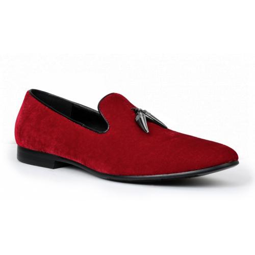 Giorgio Brutini "Cowell" Red Wine Velvet Slip On Loafer Shoes With Gunmetal Pointed Tassels 176350