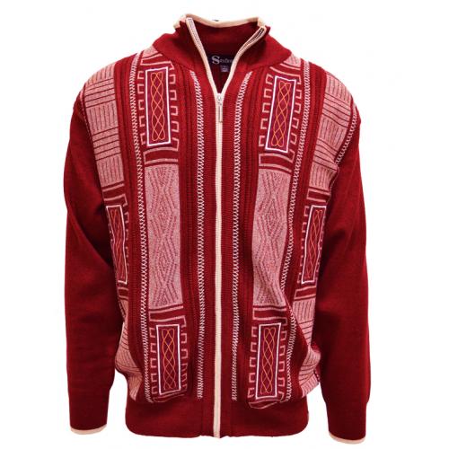 Silversilk Red / White / Burgundy Woven Zip-Up Knitted Sweater With Burgundy Microsuede Elbow Patches 1228