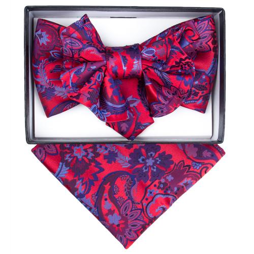 Vittorio Vico Red / Navy / Sky Blue Paisley Design Double Layered 100% Silk Bow Tie / Hanky Set XL98
