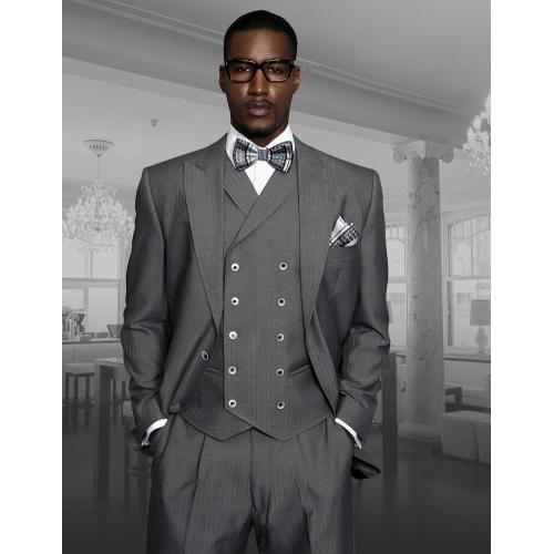Statement Confidence "Monza" Charcoal Grey Shadow Pinstripes Super 150's Wool Vested Wide Leg Suit