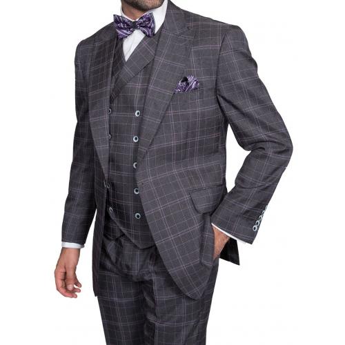 Statement Confidence "Sorento" Grey / Black / Lavender Windowpanes Super 150's Wool Vested Wide Leg Suit