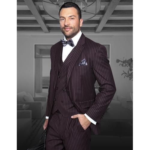 Statement Confidence Wine / Grey Stripes Super 150's Wool Vested Wide Leg Suit TZ-950