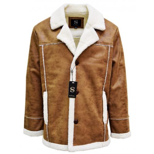 Silversilk Camel / Cream Faux Leather Coat With White Faux Lambswool Lining / Trimming 1054