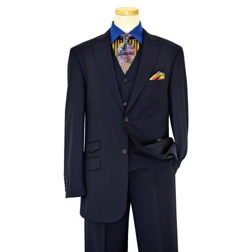 Luciano Carreli Navy Blue / Sky Blue / Charcoal Grey Pinstripes Super 150's Wool Classic Fit Vested Suit 6296-2716