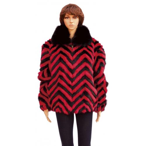 Winter Fur Ladies Black / Red Chevron Mink Jacket With Fox Collar W39S05BRD