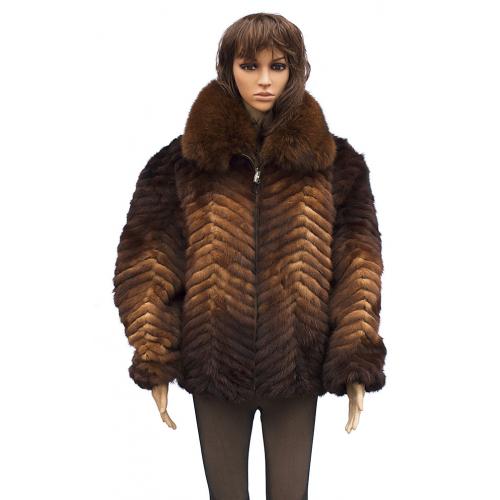 Winter Fur Ladies Whiskey Chevron Mink Jacket With Fox Collar W39S05WKT.