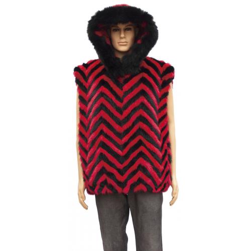 Winter Fur Black / Red Chevron Mink Vest With Fox Trimmed Hood M39V02BRD