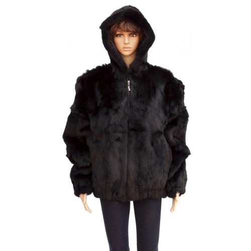 Winter Fur Ladies Black Full Skin Rabbit Jacket With Detachable Hood W05S04BK