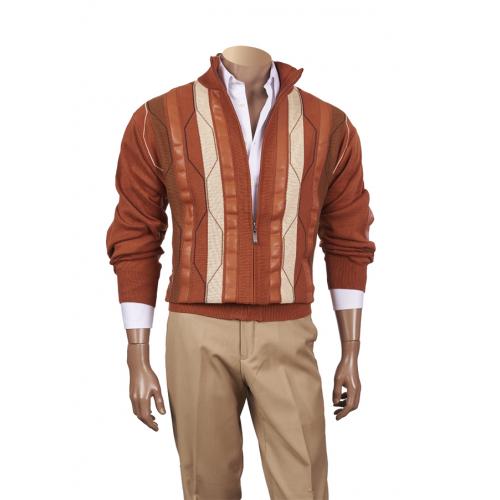 Inserch Copper / Cream / Dark Brown PU Leather Zip-Up Sweater 411