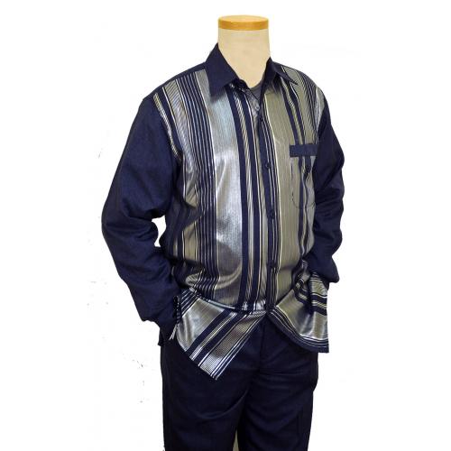 Pronti Navy Blue / Metallic Silver Stripes Long Sleeves Outfit SP61641