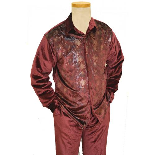 Pronti Burgundy Snakeskin Print Velvet Long Sleeve Outfit SP6196