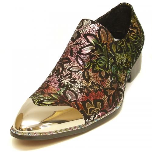 Fiesso Red Genuine Leather Floral Design Slip On Shoes With Gold Metal Toe FI7018