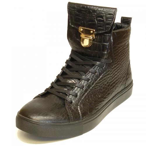 Fiesso Black PU Leather Alligator Print High Top Sneakers Boots FI2244.