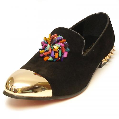 Fiesso Black Genuine Suede Slip On Shoes With Gold Metal Toe FI7050.