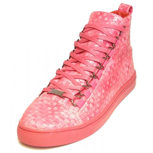 Encore By Fiesso Red Weaved Leather High Top Sneakers FI2174-1.