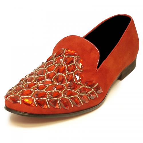 Fiesso Red Genuine Suede Leather Slip-On Shoes With Rhinestones FI7023