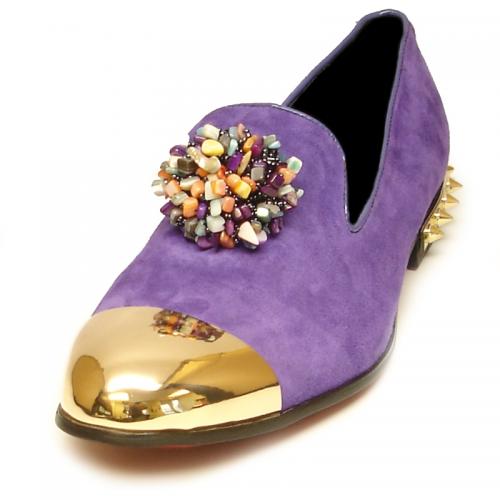 Fiesso Purple Genuine Suede Slip On Shoes With Gold Metal Toe FI7050.
