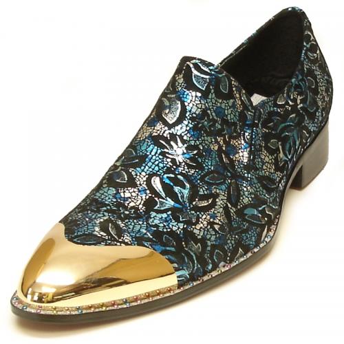 Fiesso Blue Genuine Leather Floral Design Slip On Shoes With Gold Metal Toe FI7018