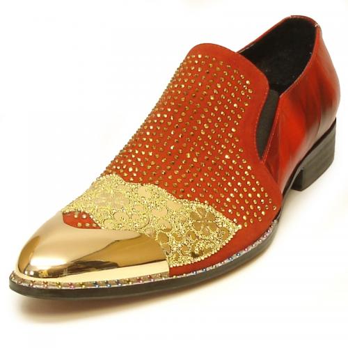 Fiesso Red Genuine Leather With Rhinestone Gold Metal Toe Slip-On FI7017