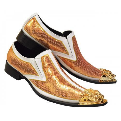 Fiesso White / Gold Genuine Leather Sequins Slip-On With Metal Toe FI6983.