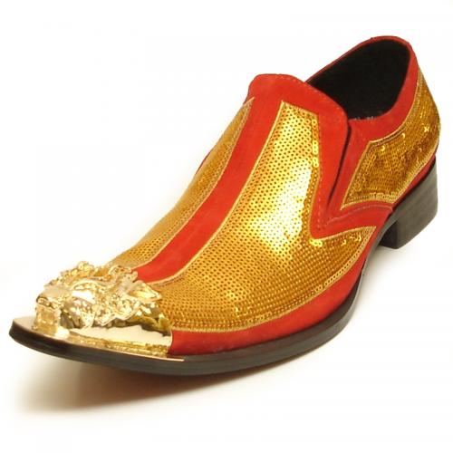 Fiesso Red / Gold Genuine Leather Sequins Slip-On With Metal Toe FI6983.
