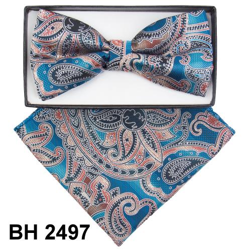 Classico Italiano Teal Blue / Rust / Navy Paisley Design 100% Silk Bow Tie / Hanky Set BH2497