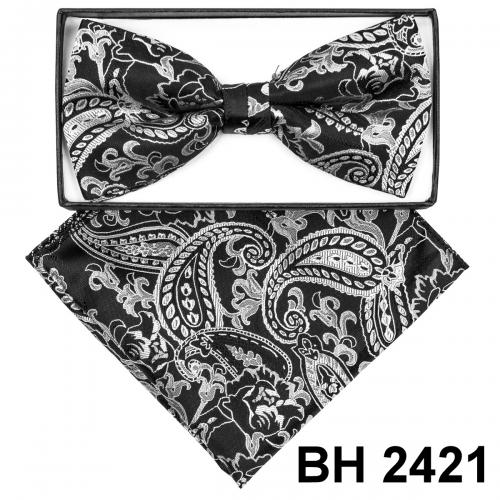 Classico Italiano Black / Silver Grey Paisley Design 100% Silk Bow Tie / Hanky Set BH2421