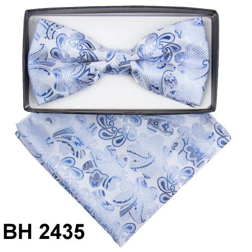 Classico Italiano Silver Grey / Baby Blue / Navy Paisley Design 100% Silk Bow Tie / Hanky Set BH2435