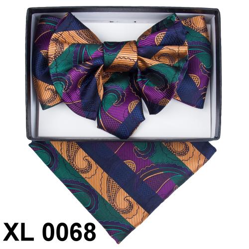 Vittorio Vico Navy Blue / Purple / Peach Paisley Design Double Layered 100% Silk Bow Tie / Hanky Set XL0068