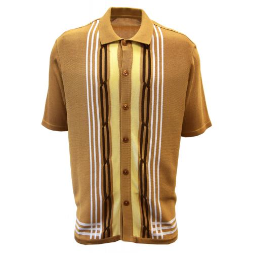Silversilk Camel / Brown / Cream / White Button Up Knitted Short Sleeve Shirt 2140