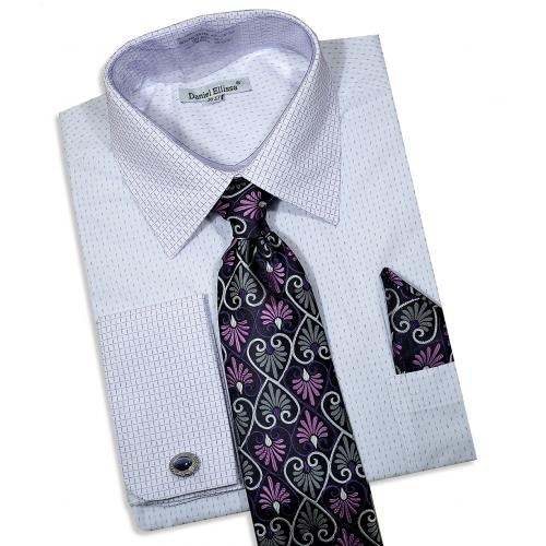 Daniel Ellissa Lilac / White Contrast Pattern Dress Shirt / Tie / Hanky / Cufflinks Set DS3792P2