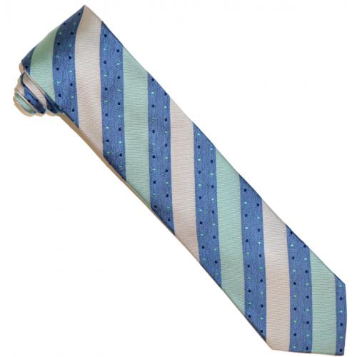 Setazone 3142 Mint Green / Denim Blue / Silver Striped Silk Necktie / Hanky Set