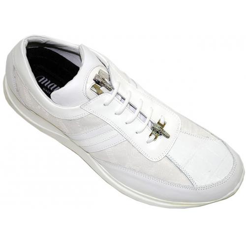 Mauri 8761 White Genuine Crocodile And Nappa Leather/Patent Leather/Mauri Fabric Casual Sneakers With Silver Mauri Crocodile Head