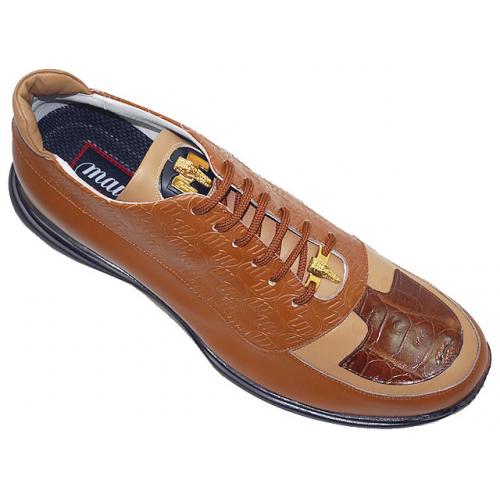 Mauri 8702 Camel Genuine Alligator And Mauri Embossed Nappa Leather Sneakers With Gold Mauri Alligator Head