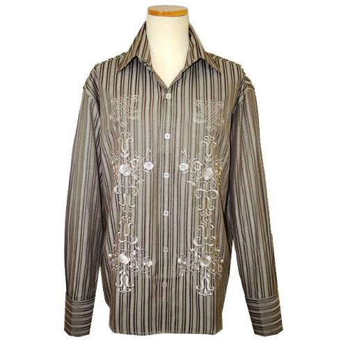 Manzini Light Taupe With Taupe Stripes And Champagne Embroidered Design High-Collar Long Sleeves 100% Cotton Shirt With French Cuffs MZ-79