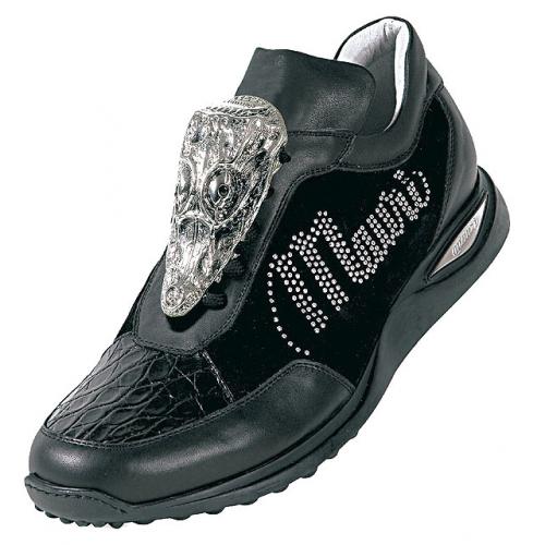Mauri "P.R" 8767 Black Genuine Crocodile Flanks / Nappa / Suede Sneakers With Rhine Stone Eyes & Mauri Engraving On Big Silver Alligator Head On Front And White Rhine Stones Mauri Logo On The Side