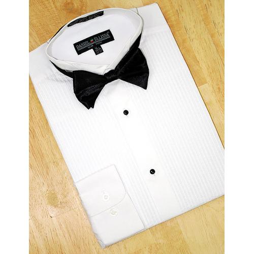 Daniel Ellissa White 1/4" Pleated Wing Collar Cotton Blend Tuxedo Shirt With Bowtie DS3005TX