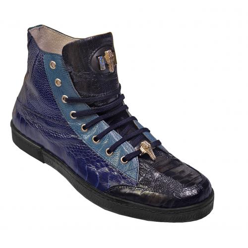 Mauri "Spider" 8888 Navy/Iris/Jeans Genuine  All-Over Ostrich Sneakers With Silver Mauri Alligator Head