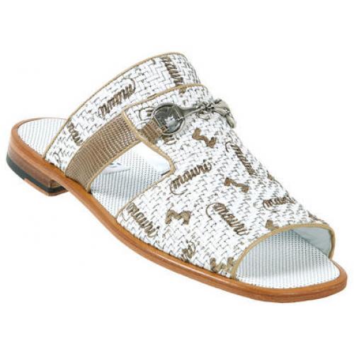 Mauri 1913 White/Oyster Genuine Teju Lizard & Weaved Leather Sandals With Mauri Laser Print