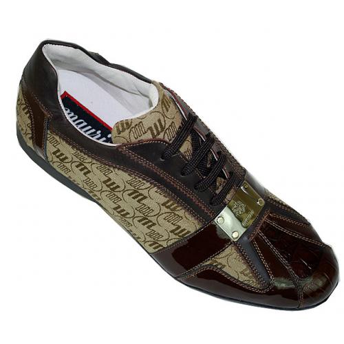 Mauri 8840 Dark Brown / Tan Alligator / Patent Leather Sneakers With Mauri Silver Engraved Plate