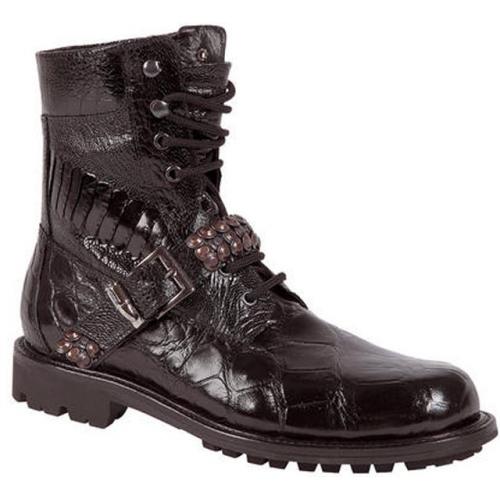 Mauri 2843 "Odissey" Black Genuine Alligator/Ostrich Leg Nappa Leather Boots With Metal Studded Strap