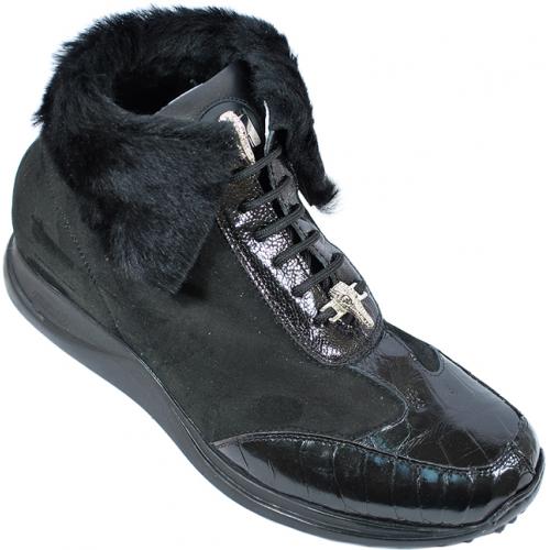 Mauri 8777 Black Genuine Baby Crocodile/ Ostrich Boots With Fur Lining