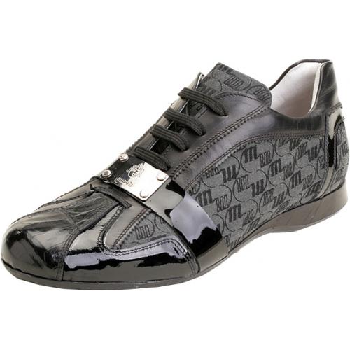 Mauri 8840 "Gloss" Black / Charcoal Grey Alligator / Patent Leather Sneakers With Mauri Silver Engraved Plate