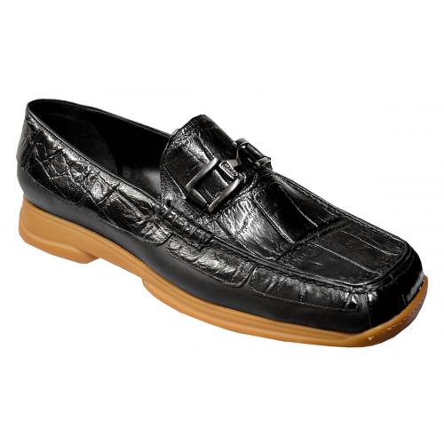 Mauri "1138" Black Genuine Alligator / Nappa Trimming Loafer Shoes.