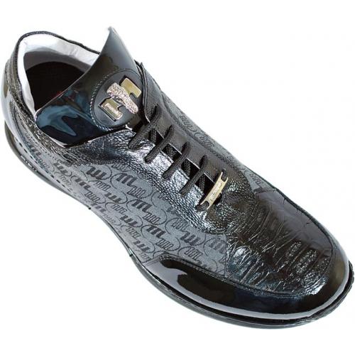 Mauri 8741/7 Black/Grey Genuine Alligator And Patent Leather/Mauri Fabric Sneakers With Gold Mauri Alligator Head