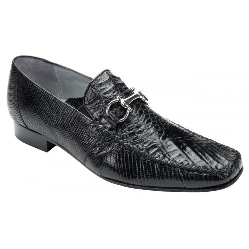 Belvedere "Italo" Black Genuine Crocodile / Lizard Loafer Shoes With Bracelet 1010.